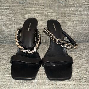 Michael Kors Black Slide Sandals with Silver Chain Detail